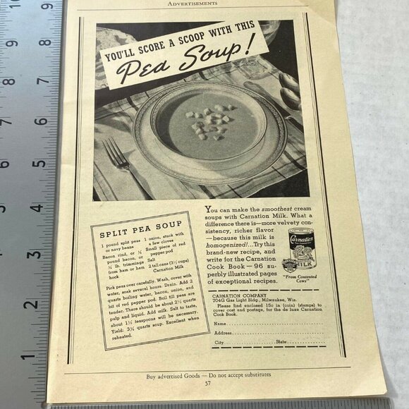 Carnation Milk Vintage Print Ad 30s Dairy Advertising Split Pea Soup Recipe - Picture 2 of 6